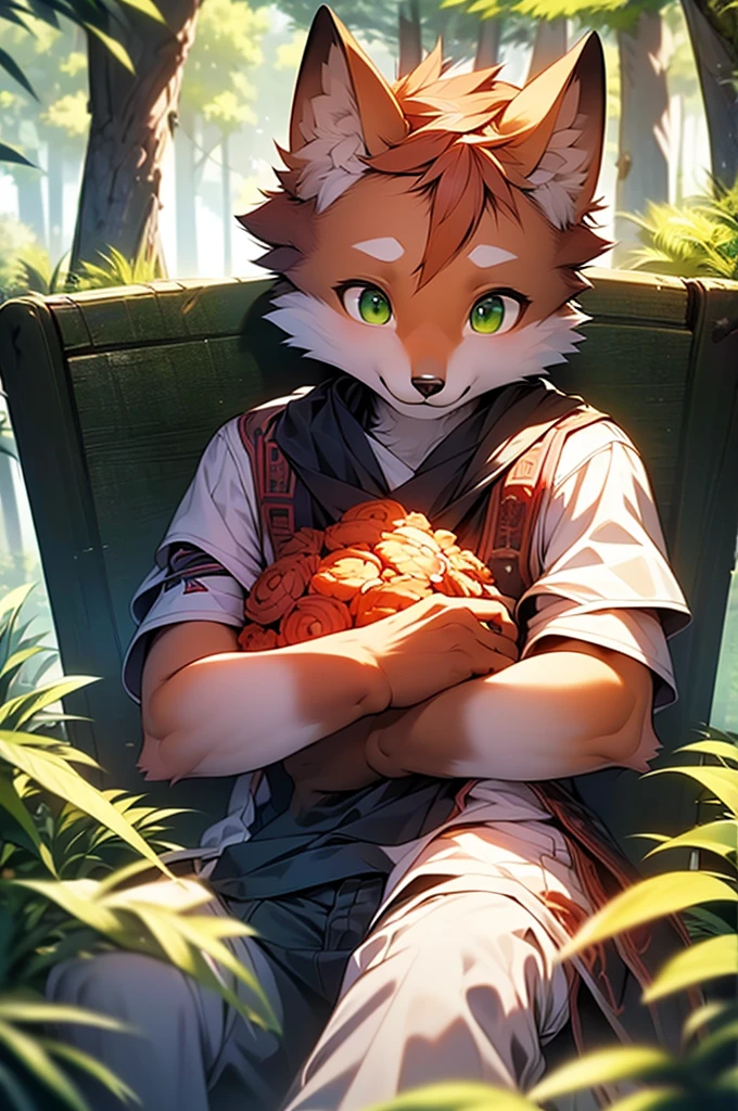 8k, Super Detail, precise, best quality,Seventeen-year-old fox boy,orange hair,Green eyes,Rich plush texture,Realistic style,Deep in the forest,early morning,Bright Light,Detailed background