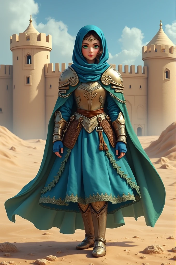 masterpiece, best quality:1.2), smiling at the viewer, warrior princess girl with green eyes, wearing blue hijab headscarf, armor, armored dress, blue puffy princess skirt, green cape, armored boots, blue fingerless gloves, standing in front of desert castle