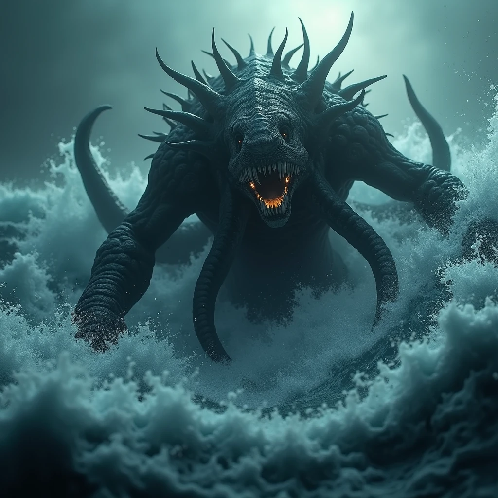 A monstrous, wild creature rising from the dark, inky depths of the ocean, with tentacles, glowing eyes, and jagged teeth. The water around it churns violently as it emerges, a terror from the abyss. (high resolution, ultra detailed, 8K, cinematic composition, dynamic lighting, photorealistic, dark atmosphere), raw, film photography style, medium grain, 8k, High Quality, Intricately Detailed, Photography, Volumetric Lightingr, Aerial