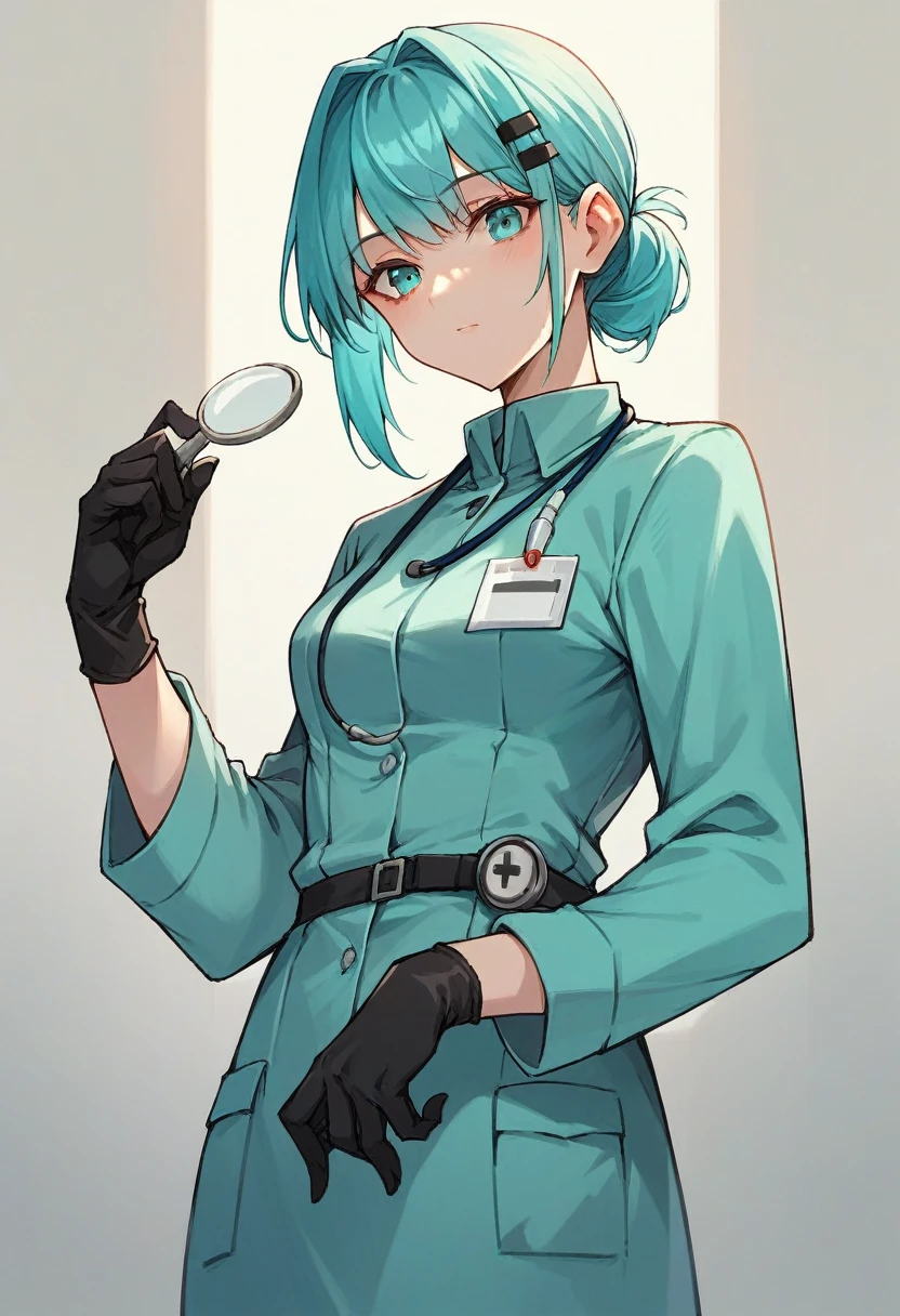 1girl, bangs, ((black medical gloves)), ((((long sleeves)))), looking at viewer, ((cyan doctor outfit)), standing, solo