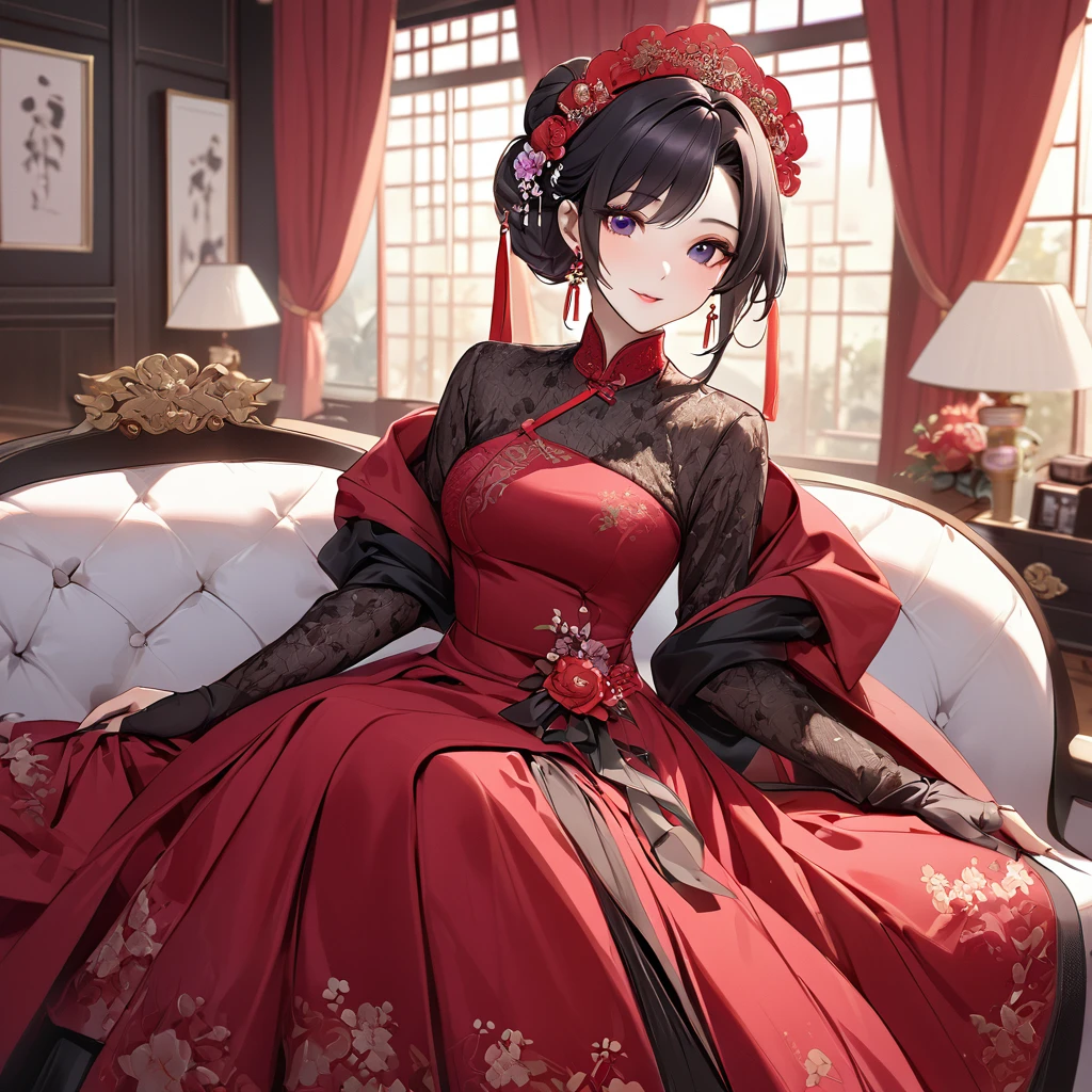 ((Highest quality)), ((masterpiece)), (detailed), (Perfect Face)、The woman is a Chinese woman named Kocho Shinobu.。, Purple gradient bob black hair and formal evening hairstyles. She is wearing an engagement ring. She is a prominent member of the Chinese Communist Party.、She is the wife of a great old Communist Party official.、The woman is beautifully dressed in a gorgeous red wedding dress and red wedding veil, typical of the Chinese Communist Party.、An elegant Chinese lady in a posh room