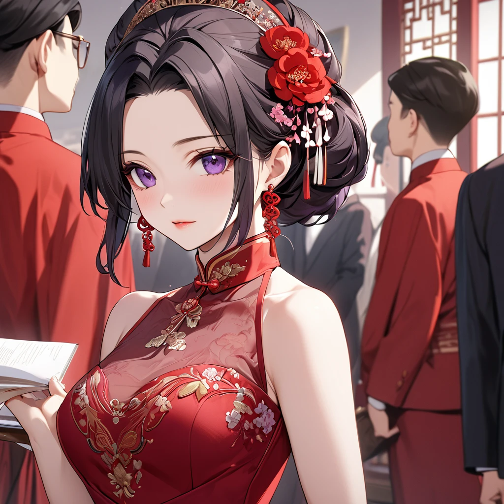 ((Highest quality)), ((masterpiece)), (detailed), （Perfect Face）、The woman is a Chinese woman named Kocho Shinobu.。, Purple gradient bob black hair and formal evening hairstyles. She is wearing an engagement ring. She is a prominent member of the Chinese Communist Party.、She is the wife of a great old Communist Party official.、The woman is beautifully dressed in a gorgeous red wedding dress and red wedding veil, typical of the Chinese Communist Party.、An elegant Chinese lady in a posh room