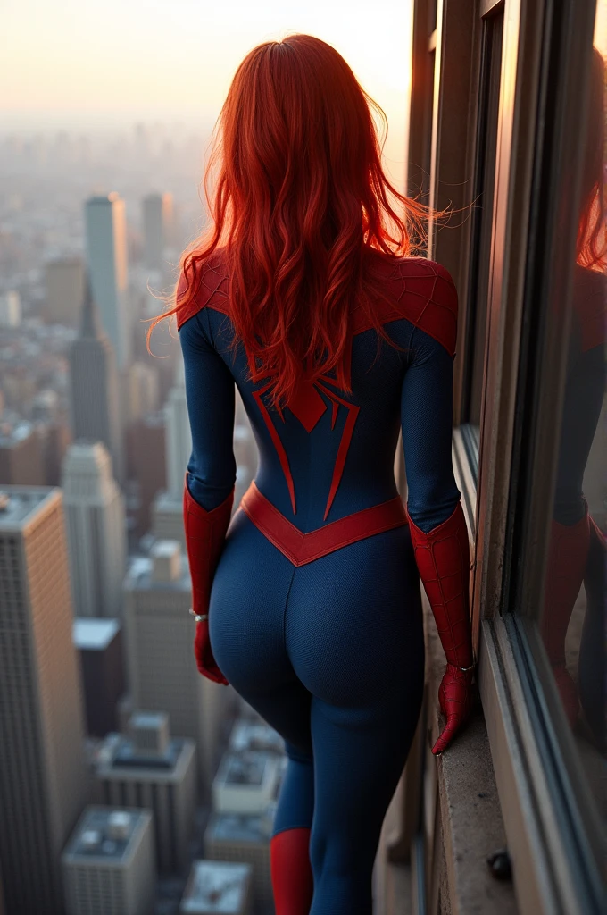 (full body shot:1) photorealistic image of a woman, ultrarealistic, photography, long red hair, woman, 24 years old, hourglass figure, perfect body, Flirty look, natural medium breasts, wearing a spider-woman suit, superhero pose, from behind, standing on side of the empire state building, sticking to a window outside with one hand, she is looking down