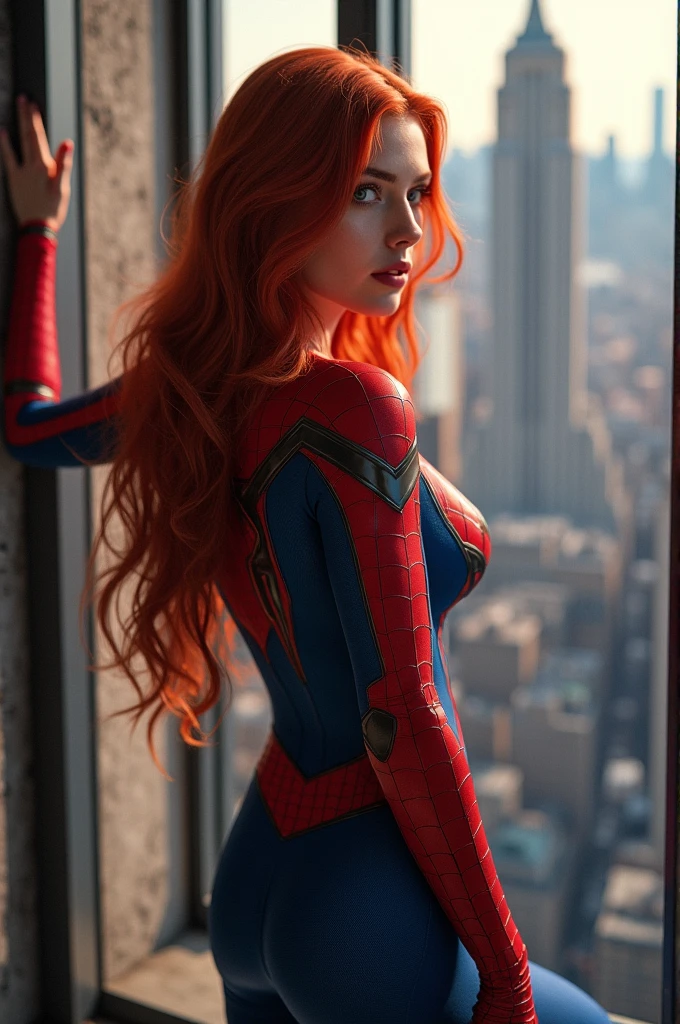 (full body shot:1) photorealistic image of a woman, ultrarealistic, photography, long red hair, woman, 24 years old, hourglass figure, perfect body, Flirty look, natural medium breasts, wearing a spider-woman suit, superhero pose, from behind, standing on side of the empire state building, sticking to a window outside with one hand, she is looking down