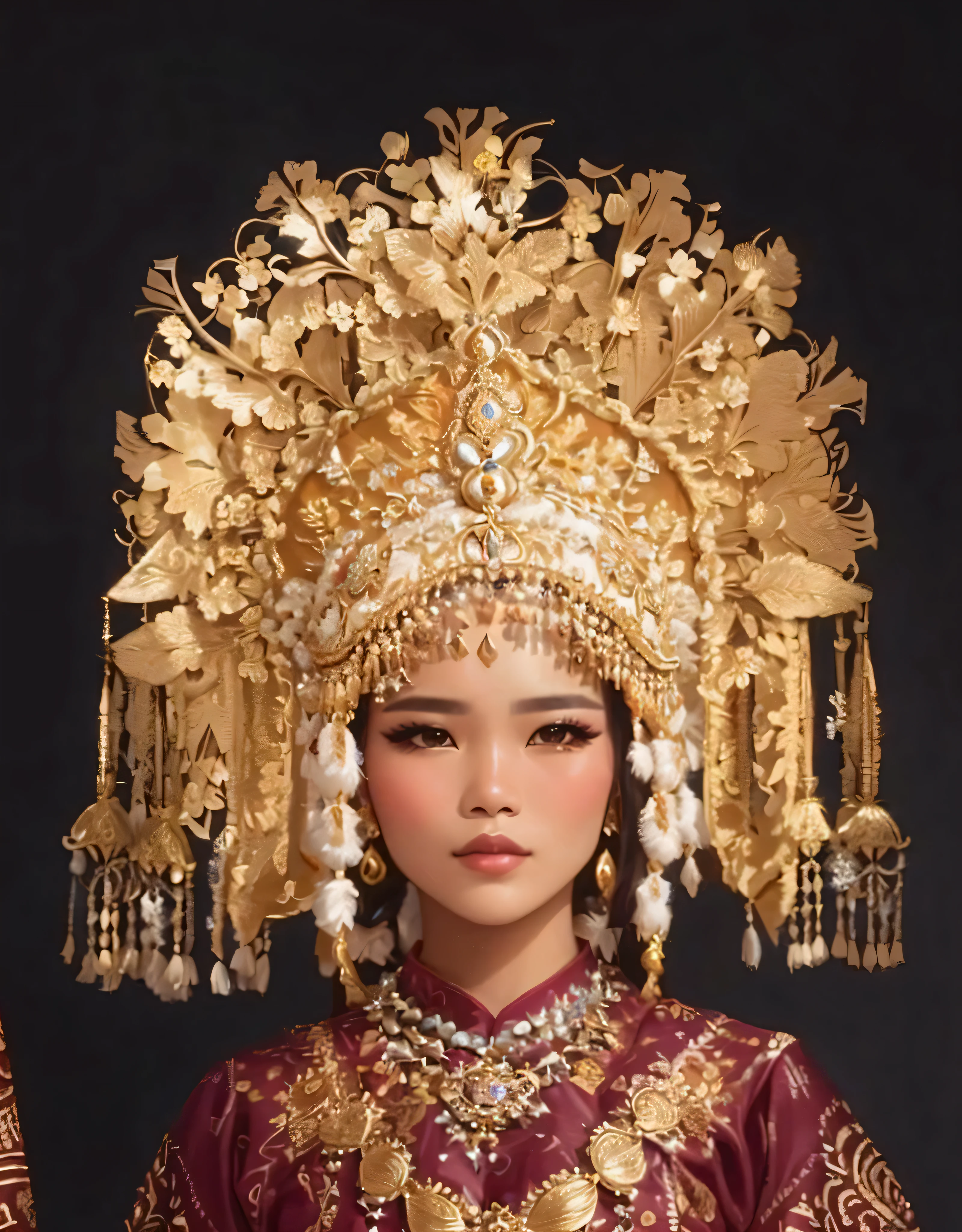a close up of a woman in a traditional dress with a headdress, indonesian traditional dress, traditional dress, wearing authentic attire, traditional costume, traditional clothes, authentic costume, traditional clothing, batik, high quality theatre costume, wearing ornate clothing, ornate attire, wearing an ornate outfit, costume, royal gown, traditional tai costume, wearing traditional garb, elaborate costume