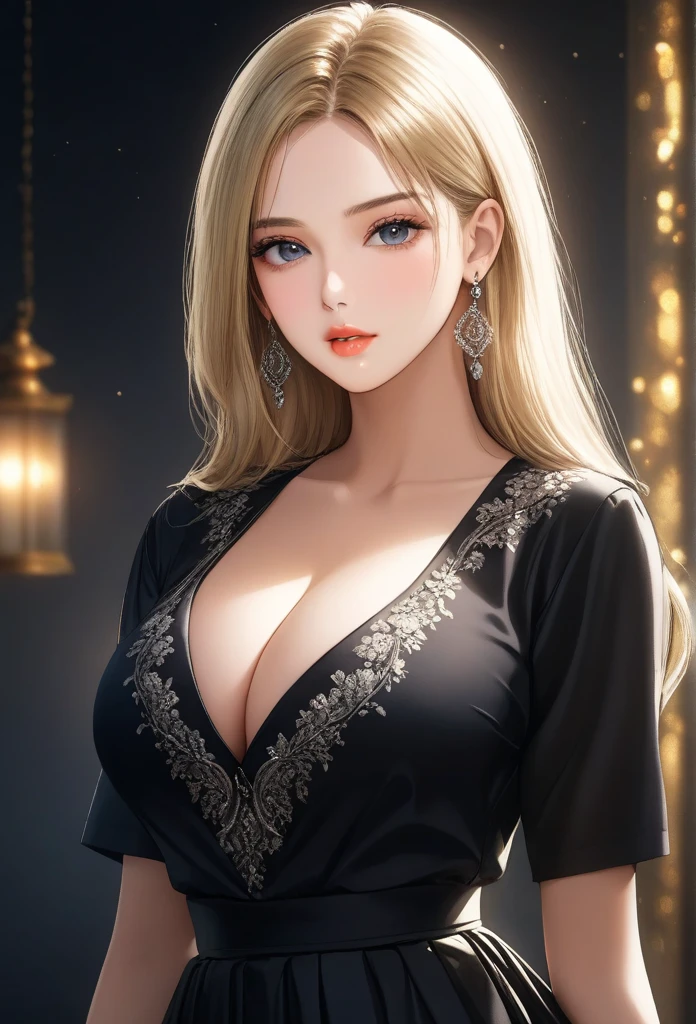 A beautiful young woman, 1girl, hourglass figure, seductive pose, printed design black traditional blouse and long skirt, silky blunt blonde hair, heavy silver jhumka earrings, cleavage, detailed face with stunning eyes, full lips, flawless makeup, dark cinematic lighting, dramatic photorealistic effect, masterpiece-level 8K rendering, ultra-detailed, realistic, photo-realistic, HDR, UHD, studio lighting, ultra-fine painting, sharp focus, physically-based rendering, extreme detail description, professional, vivid colors, bokeh