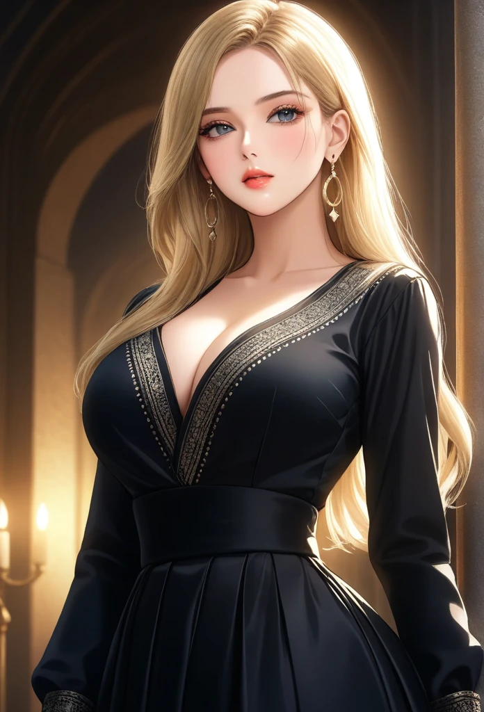 A beautiful young woman, 1girl, hourglass figure, seductive pose, printed design black traditional blouse and long skirt, silky blunt blonde hair, heavy silver jhumka earrings, cleavage, detailed face with stunning eyes, full lips, flawless makeup, dark cinematic lighting, dramatic photorealistic effect, masterpiece-level 8K rendering, ultra-detailed, realistic, photo-realistic, HDR, UHD, studio lighting, ultra-fine painting, sharp focus, physically-based rendering, extreme detail description, professional, vivid colors, bokeh