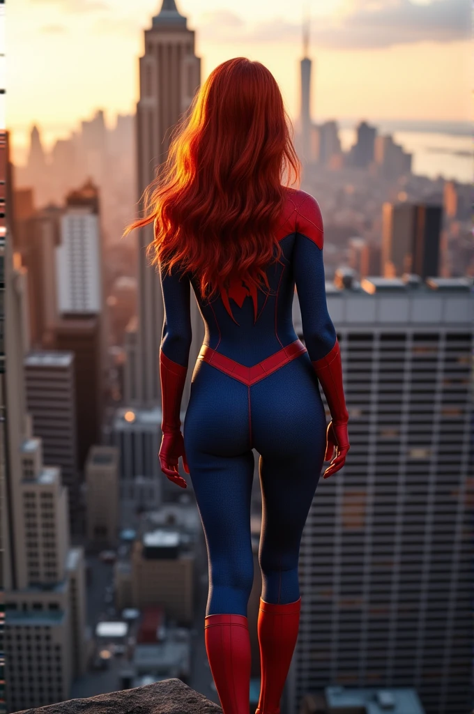(full body shot:1) photorealistic image of a woman, ultrarealistic, photography, long red hair, woman, 24 years old, hourglass figure, perfect body, Flirty look, natural medium breasts, wearing a spider-woman suit, superhero pose, from behind, standing on side of the empire state building, sticking to a window outside with one hand, she is looking down