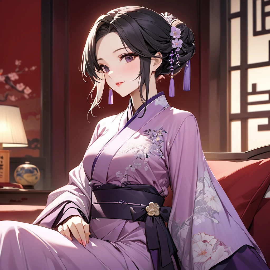 ((Highest quality)), ((masterpiece)), (detailed), (Perfect Face)、The woman is a Chinese woman named Kocho Shinobu.。, Purple gradient bob black hair and formal evening hairstyles. She is wearing an engagement ring. She is a prominent member of the Chinese Communist Party.、She is the wife of a great old Communist Party official.、The woman is beautifully dressed in the gorgeous and gorgeous red Hanfu that is typical of the Chinese Communist Party.、An elegant Chinese lady in a posh room