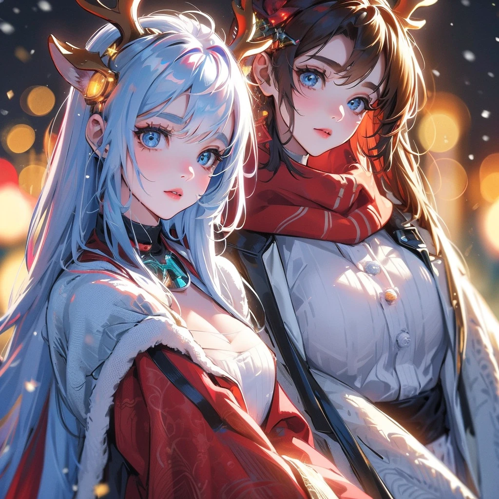 Christmas theme, cute beautiful cyborg, 8k, hd, unreal engine, masterpiece, 4k, extra details, Christmas decoration, snow, close face, Christmas cosplay, reindeer ears