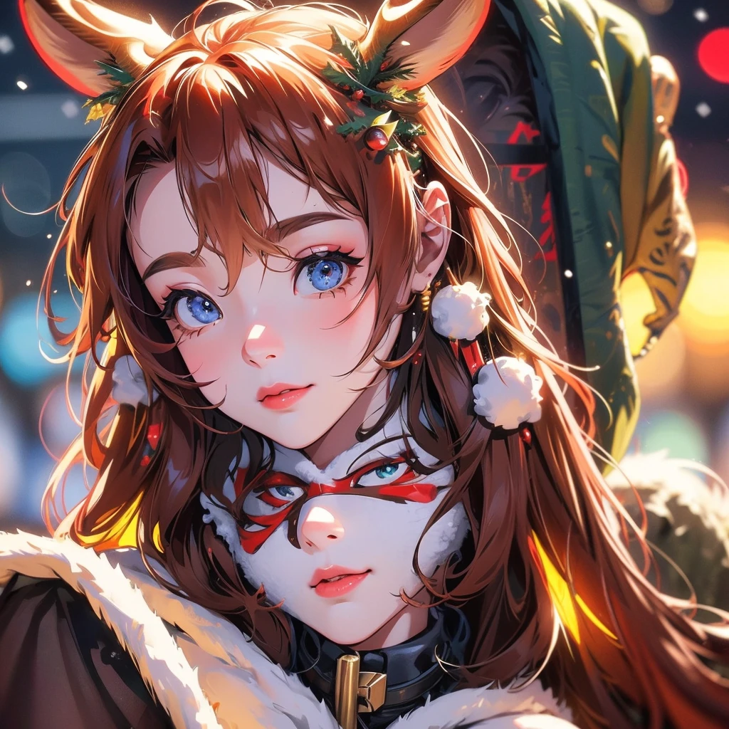 Christmas theme, cute beautiful cyborg, 8k, hd, unreal engine, masterpiece, 4k, extra details, Christmas decoration, snow, close face, Christmas cosplay, reindeer ears