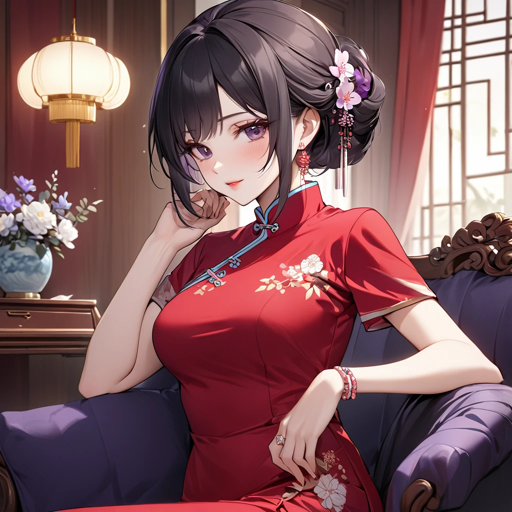 ((Highest quality)), ((masterpiece)), (detailed), (Perfect Face)、The woman is a Chinese woman named Kocho Shinobu.。, Purple gradient bob black hair and formal evening hairstyles. She is wearing an engagement ring. She is a prominent member of the Chinese Communist Party.、She is the wife of a great old Communist Party official.、The woman is beautifully dressed in a gorgeous red cheongsam, typical of the Chinese Communist Party.、An elegant Chinese lady in a posh room