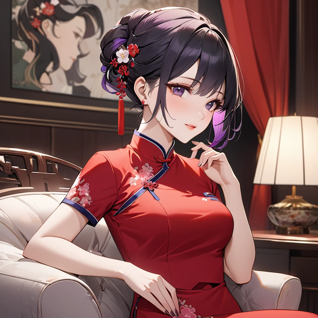 ((Highest quality)), ((masterpiece)), (detailed), (Perfect Face)、The woman is a Chinese woman named Kocho Shinobu.。, Purple gradient bob black hair and formal evening hairstyles. She is wearing an engagement ring. She is a prominent member of the Chinese Communist Party.、She is the wife of a great old Communist Party official.、The woman is beautifully dressed in a gorgeous red cheongsam, typical of the Chinese Communist Party.、An elegant Chinese lady in a posh room
