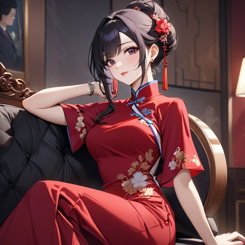 ((Highest quality)), ((masterpiece)), (detailed), (Perfect Face)、The woman is a Chinese woman named Kocho Shinobu.。, Purple gradient bob black hair and formal evening hairstyles. She is wearing an engagement ring. She is a prominent member of the Chinese Communist Party.、She is the wife of a great old Communist Party official.、The woman is beautifully dressed in a gorgeous red cheongsam, typical of the Chinese Communist Party.、An elegant Chinese lady in a posh room