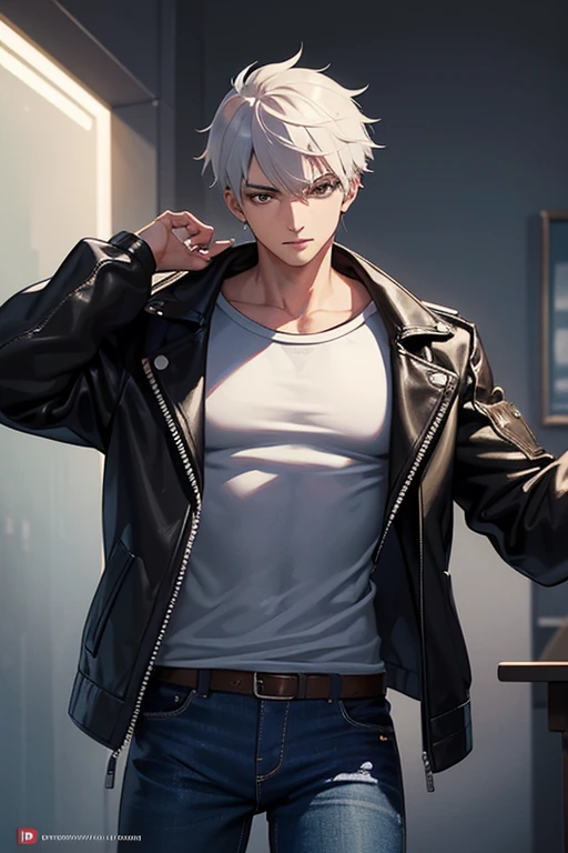 full body view,4K, high resolution, best quality, masterpiece, perfect color, perfectly shaded, perfect lighting, Posted by e621, (by Chun Ni), Humanity, ((portrait)), （（handsome man））, perfect male figure, Short hair detailuscle tissue,chest muscles，abdominal muscles，Naked upper body，Detailed face, perfect face, (stood up), Detailed background, ((Bonifasco Lighting)), (delicate eyes), perfect student，