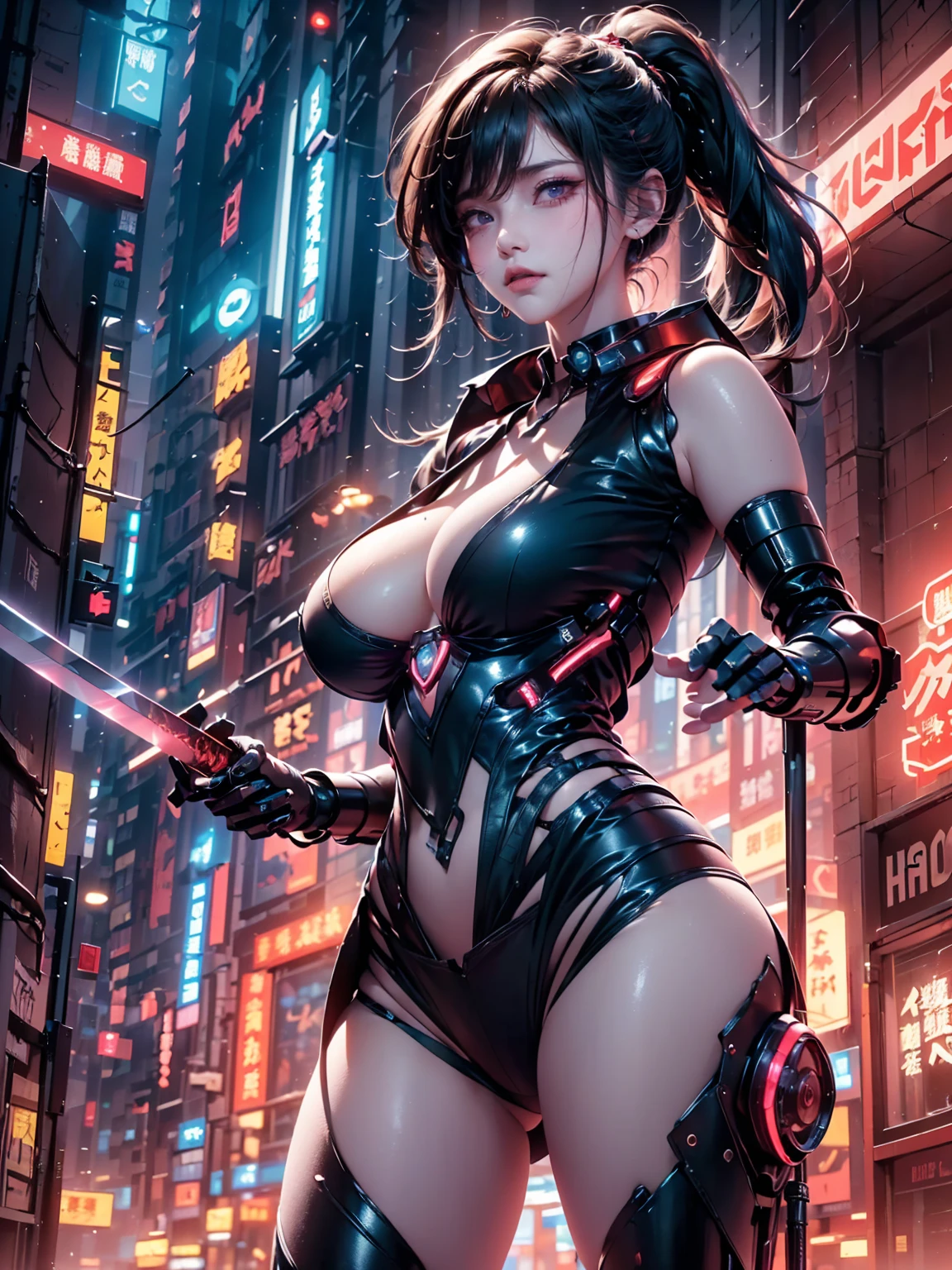 ((16K)),((masterpiece:1.3)), ((Highest quality)), ((Ultra-high resolution)), (Very detailed), (Realistic, photoRealistic:1.4), Perfect lighting,((Side light)), Written boundary depth, Surrealism,photo shoot, (( large breasts :1.5)),No makeup, Film Grain, chromatic aberration, Sharp focus, Face Light,((Beautiful detailsまでこだわった髪)),((Beautiful eyelashes)), Beautifully detailed face, Beautiful details, Beautiful clavicle, Beautiful body,((Beautiful and round eyes)), ((Thin legs)),((Beautiful breasts)), Pointed Chest,Beautiful legs, ((Detailed and carefully drawn hand)), Cleavage, Perfect Anatomy, Supermodel with a long neck,((Skinny1.3)),23 years old,Looking into the camera,(Perfect Anatomy,Anatomically correct, Very detailed肌), Glowing Skin,((beautiful girl:1.1)),((Beautiful ponytail)),((Mid-length hair:1.4, Wavy Hair:1.2, Black Hair)),((See-through bangs:1.2)),Dainty facial structure,((Grim expression:1.4)),((fighting pose:1.6)),((establishing shot)), ((視聴者にswordを向けて:1.6)),((sword:1.4)),((A robotic heroine at the forefront of cyberpunk:1.3)),((Caught in the chaos of war:1.4)),((Neon-lit battlefield:1.4)),((Plasma Bullet:1.4)),((Combat Cyberpunk Enemies:1.3)),(Glass cover reflects flickering light),((wide angle:1.7)),((wearing Cyberpunk Gunfighter)),A fierce battle scene set in a cyberpunk Tokyo. Skyscrapers line the background, with neon lights and holographic advertisements illuminating the scene. Characters are engaged in combat with futuristic weapons. Rain is pouring down, reflecting neon lights off the wet streets. The protagonist is a cybernetically enhanced warrior, fighting against a similarly advanced rebel fighter. The battle is intense, with energy weapons and swords clashing, and explosions occurring. The atmosphere is dark and colorful,((from below:1.4)),
