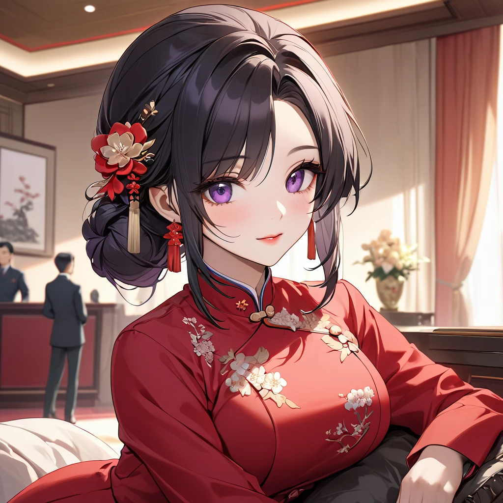 ((Highest quality)), ((masterpiece)), (detailed), (Perfect Face)、The woman is a Chinese woman named Kocho Shinobu.。, Purple gradient bob black hair and formal evening hairstyles. She is wearing an engagement ring. She is a prominent member of the Chinese Communist Party.、She is the wife of a great old Communist Party official.、The women are beautifully dressed in the gorgeous and glamorous red Mao suits typical of the Chinese Communist Party.、An elegant Chinese lady in a posh room