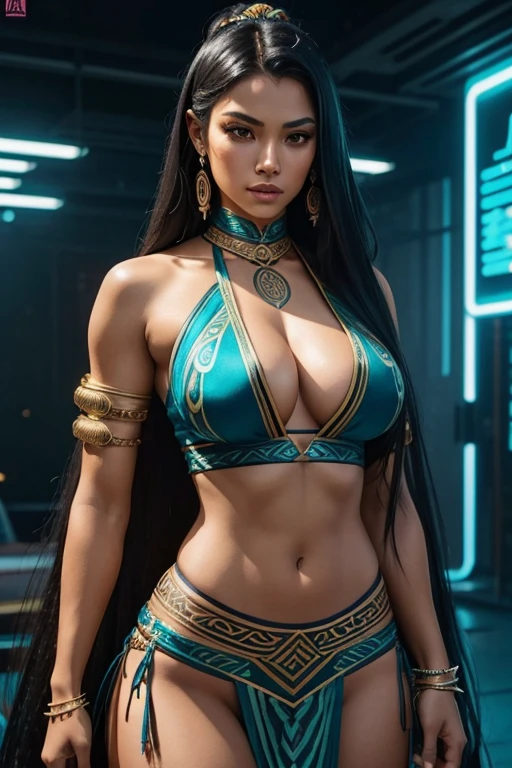 Polynesian woman, ethnically Polynesian, athletic woman, sexy body, ethnic jewelry, luxtech or cyberpunk background, sexy, not safe for work, dressed seductively, showing skin, medium breast, wearing ethnic clothing, suggestive clothing, elegant clothing