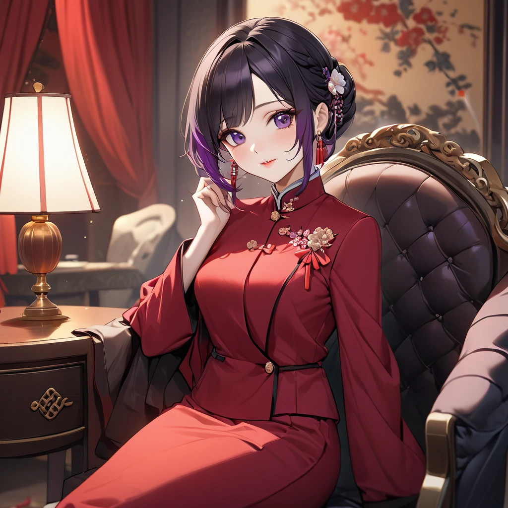 ((Highest quality)), ((masterpiece)), (detailed), （Perfect Face）、The woman is a Chinese woman named Kocho Shinobu.。, Purple gradient bob black hair and formal evening hairstyles. She is wearing an engagement ring. She is a prominent member of the Chinese Communist Party.、She is the wife of a great old Communist Party official.、The woman is beautifully dressed in a gorgeous red formal suit, typical of the Chinese Communist Party.、An elegant Chinese lady in a posh room