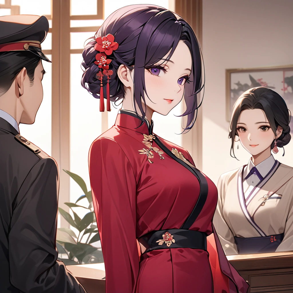 ((Highest quality)), ((masterpiece)), (detailed), (Perfect Face)、The woman is a Chinese woman named Kocho Shinobu.。, Purple gradient bob black hair and formal evening hairstyles. She is wearing an engagement ring. She is a prominent member of the Chinese Communist Party.、She is the wife of a great old Communist Party official.、The woman is beautifully dressed in a gorgeous red formal suit, typical of the Chinese Communist Party.、An elegant Chinese lady in a posh room