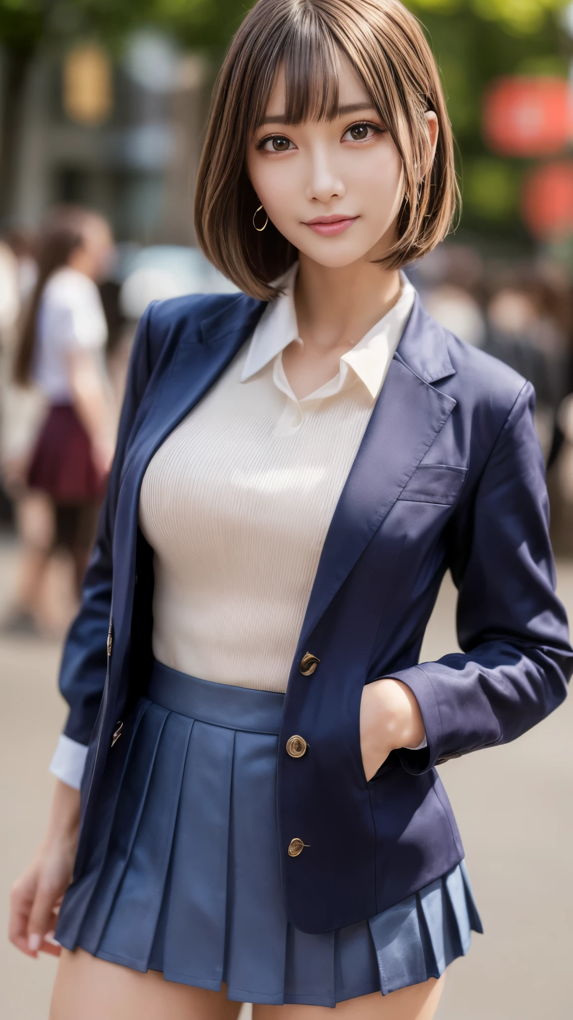 (8k, RAW photo, best quality, masterpiece:1.2), (realistic, photo-realistic:1.4), (extremely detailed 8k wallpaper), sharp focus, depth of field, bocinematic lighting, soft light,detailed beauty eyes,shiny smooth light brown long bob hair, asymmetrical bangs, shiny skin, super detailed skin,high resolution, high detailing, detailed hairstyle, detailed beauty face, hyper realistic, perfect limbs, perfect anatomy ,1 japanese girl,famous Japanese idol, perfect female body, large breasts,smile,short eyelashes,double-edged eyelid,long bob hair, “uniform”,“outfit”,“clothes”, (school uniform : 1.3),(miniskirt navy miniskirt),looking at viewer, (Crowded city streets:1.3),cowboy shot
