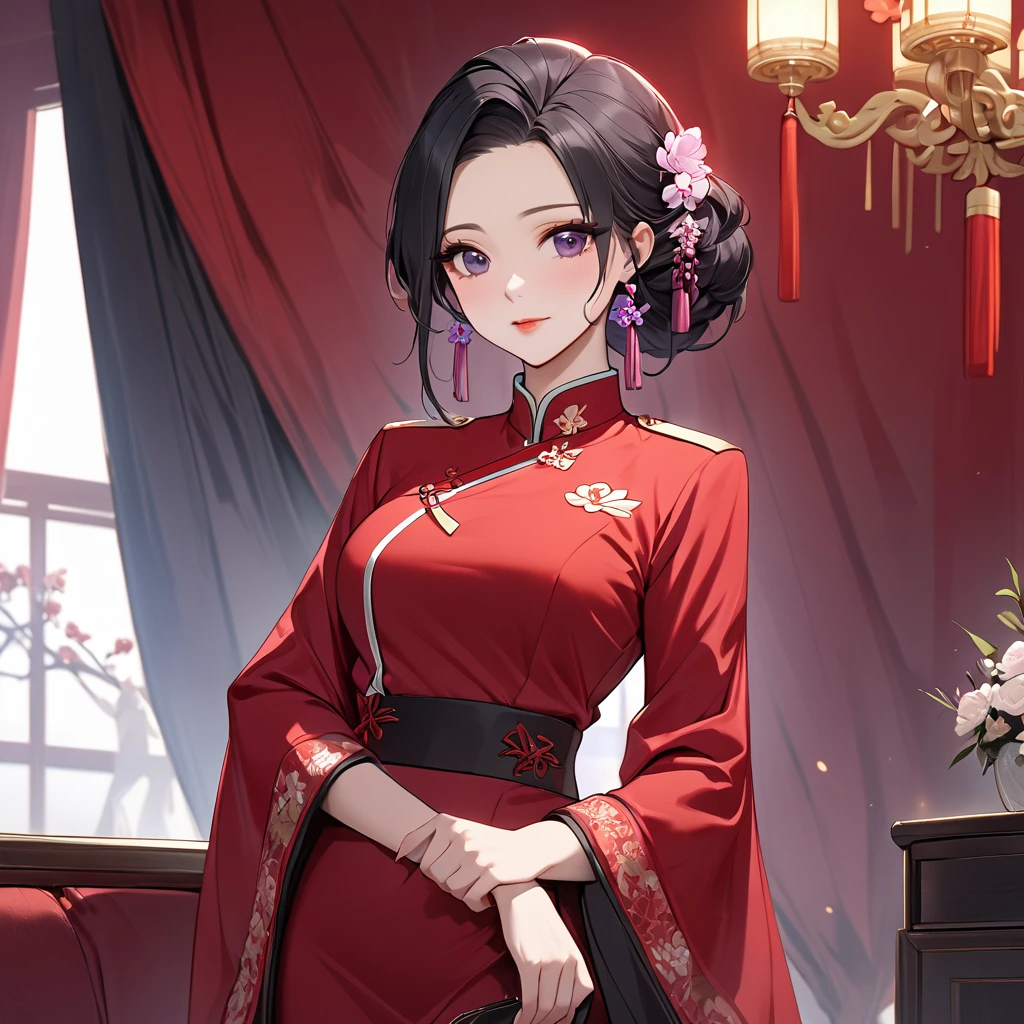 ((Highest quality)), ((masterpiece)), (detailed), (Perfect Face)、The woman is a Chinese woman named Kocho Shinobu.。, Purple gradient bob black hair and formal evening hairstyles. She is wearing an engagement ring. She is a prominent member of the Chinese Communist Party.、She is the wife of a great old Communist Party official.、The woman is beautifully dressed in the gorgeous and glamorous red Communist Party uniform that is typical of the Chinese Communist Party.、An elegant Chinese lady in a posh room