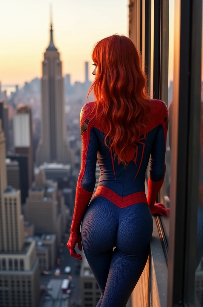 high quality instagram photo, full body of a Scandinavian girl, 20 years old, red hair, sexy, green eyes, freckles, cute face, (large breasts), big ass in sexy Spider-Gwen costume with black spider symbol, lying down from behind, of new York evening background