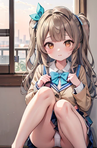 Minami Kotori、Minami Kotori、Brown Hair、(Degree of brown eyes:1.5)、One side up、ヘアribbon、ribbon、length、break the blazer、Blue Skirt、Jacket、Otonokizaka uniform、Pleated skirt、school uniform、Winter clothes、Looking for break viewer、Indoor break、classroom、break (masterpiece:1.2)、Highest quality、High resolution、unity 8k wallpaper、(Awareness-raising:0.8)、(Beautiful and beautiful eyes:1.6)、Highly detailed face、Perfect lighting、Detailed CG、 (Perfect hands、Perfect Anatomy)、Looking at the audience、blush、Laughter、(White panties:1.3)、(Full-fledged panties:1.5)、School, Sit with your knees bent、eight-headed body、Beautiful legs 、School内、As if looking up from below、(Knees to chest),Large Breasts