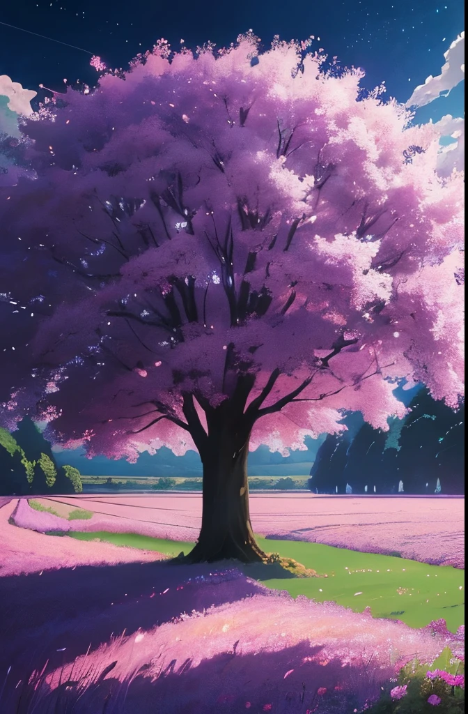 a purple tree in a field with flowers and trees, beautiful!!! digital art, anime beautiful peace scene, anime nature wallpap, magical colors and atmosphere, 🌺 cgsociety, magical colours and atmosphere, very beautiful digital art, anime nature, beautiful anime scene, beautiful gorgeous digital art, beautiful color art!, beautiful vibrant colors, dreamy colors, very magical and dreamy