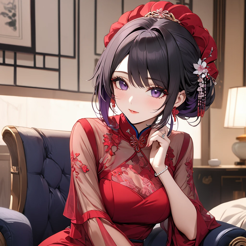 ((Highest quality)), ((masterpiece)), (detailed), (Perfect Face)、The woman is a Chinese woman named Kocho Shinobu.。, Purple gradient bob black hair and formal evening hairstyles. She is wearing an engagement ring. She is a prominent member of the Chinese Communist Party.、She is the wife of a great old Communist Party official.、The woman is beautifully dressed in a gorgeous, almost see-through red dress and a see-through red veil.、An elegant Chinese lady in a posh room