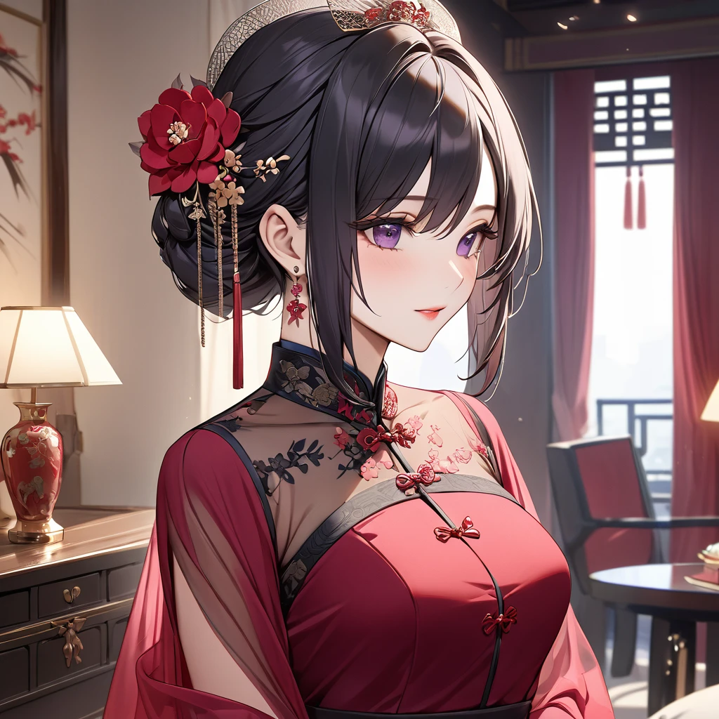 ((Highest quality)), ((masterpiece)), (detailed), (Perfect Face)、The woman is a Chinese woman named Kocho Shinobu.。, Purple gradient bob black hair and formal evening hairstyles. She is wearing an engagement ring. She is a prominent member of the Chinese Communist Party.、She is the wife of a great old Communist Party official.、The woman is beautifully dressed in a gorgeous, almost see-through red dress and a see-through red veil.、An elegant Chinese lady in a posh room