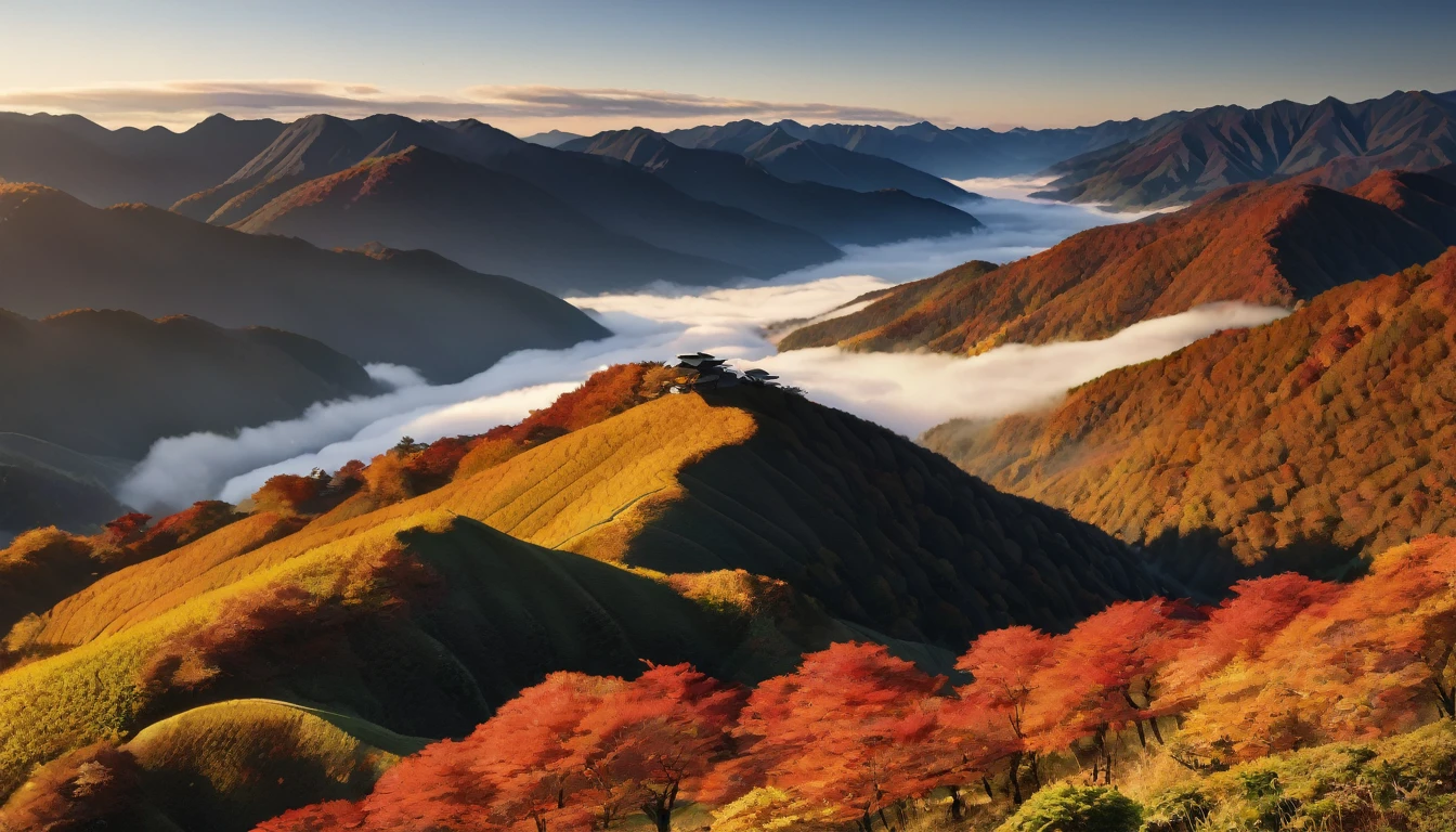 Japanese countryside, Valley, autumn, sunny, sea of clouds,morning, (Highest quality,4K,8k,High resolution,masterpiece:1.2),Very detailed,(Realistic,photoRealistic,photo-Realistic:1.37),High resolution,超High resolution,Studio Lighting,Vibrant colors,Professional