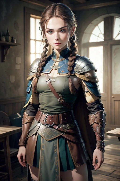 (masterpiece, The best quality) (young warrior woman of nordic descent), (green eyes), (muscular), (leather skirt), (brown hair color),(loose hair with small braids on the scalp), (leather strap top) feathers, cape over the shoulder, bufas, (blue, gray and brown suit).