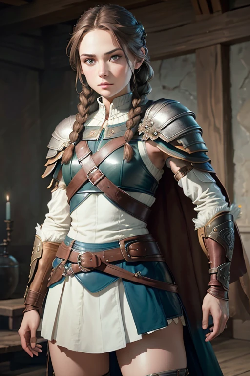 (masterpiece, The best quality) (young warrior woman of nordic descent), (green eyes), (muscular), (leather skirt), (brown hair color),(loose hair with small braids on the scalp), (leather strap top) feathers, cape over the shoulder, bufas, (blue, gray and brown suit).