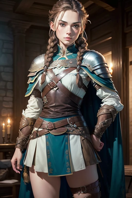 (masterpiece, The best quality) (young warrior woman of nordic descent), (green eyes), (muscular), (leather skirt), (brown hair color),(loose hair with small braids on the scalp), (leather strap top) feathers, cape over the shoulder, bufas, (blue, gray and brown suit).