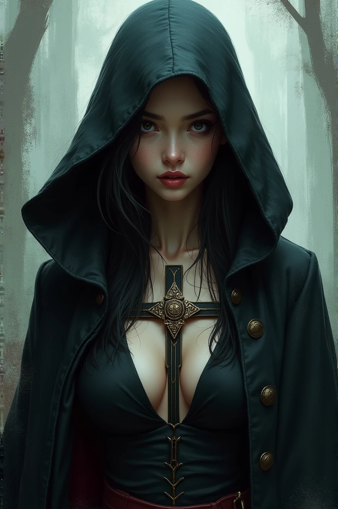 (1gothic girl+black lingerie:1.1,cloak with hood),de frente para a camera(strong make-up,mysterious expression),geometric abstract shapes,contrasty lighting,shadows.