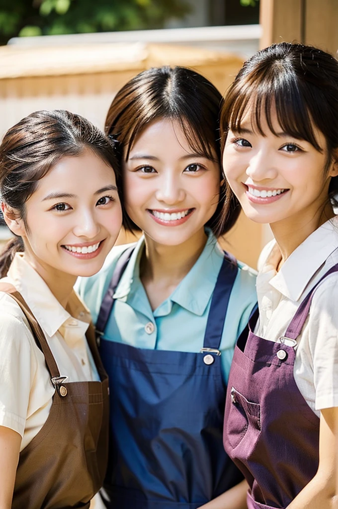 Dental hygienist, two women, smiling, wearing straw-colored collared shirt, short sleeves, Japanese, black hair, women in their early 20s　Upper body close-up　No accessories included　Harmony々　All of them wear the same brown aprons.
