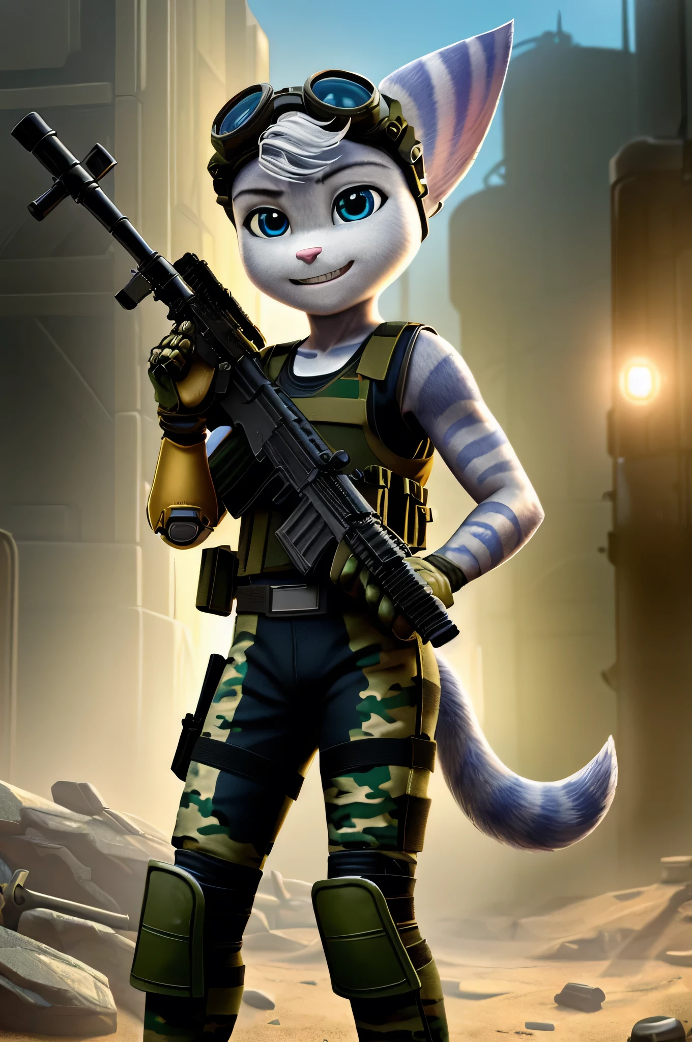 Rivet, (((lombax))), ((lombax ears)), female, small, (petite), (((tail))), furry, 1girl, young, solo, (yellow cybernetic protease on the right shoulder), ((military camouflage soldier gear and outfit)), ((wielding assault rifle)), ((gear belt with pistol and granates)), ((bulletproof soldier vest)), detailed body fur, detailed body, detailed eyes, detailed face, athletic, skinny, high quality, masterpiece, small breasts, (goggles), :D, looking at you, full body, ((good lighting on crotch)), (aroused), (horny), (bedroom eyes),