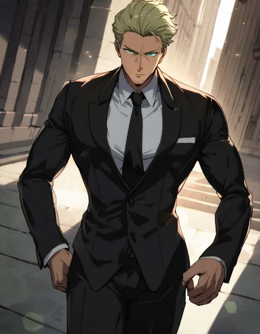 1man, veteran spy agent, handsome mature, business hair with asymmetrical bangs, narrow stubble, green platina blond hair, emerald eyes, 45yo, caucasian, ordinary, pentagon shaped, BREAK ideal ratio body proportions, middle weight muscular, beautiful detailed eyes, dark iris, BREAK solo, businessman in black suit, black necktie, white shirt, softly smile, funeral clothing, at wall street, detailed background, BREAK upperlegs, dandy posing, dramatic expression, 2000s, visual novel, in newest eroge style, dutch angle, cinematic shadows, cinematic lighting, lens flare, light leaks, texture, absurdres absolutely resolution, extreme all detailed, masterpiece, best quality