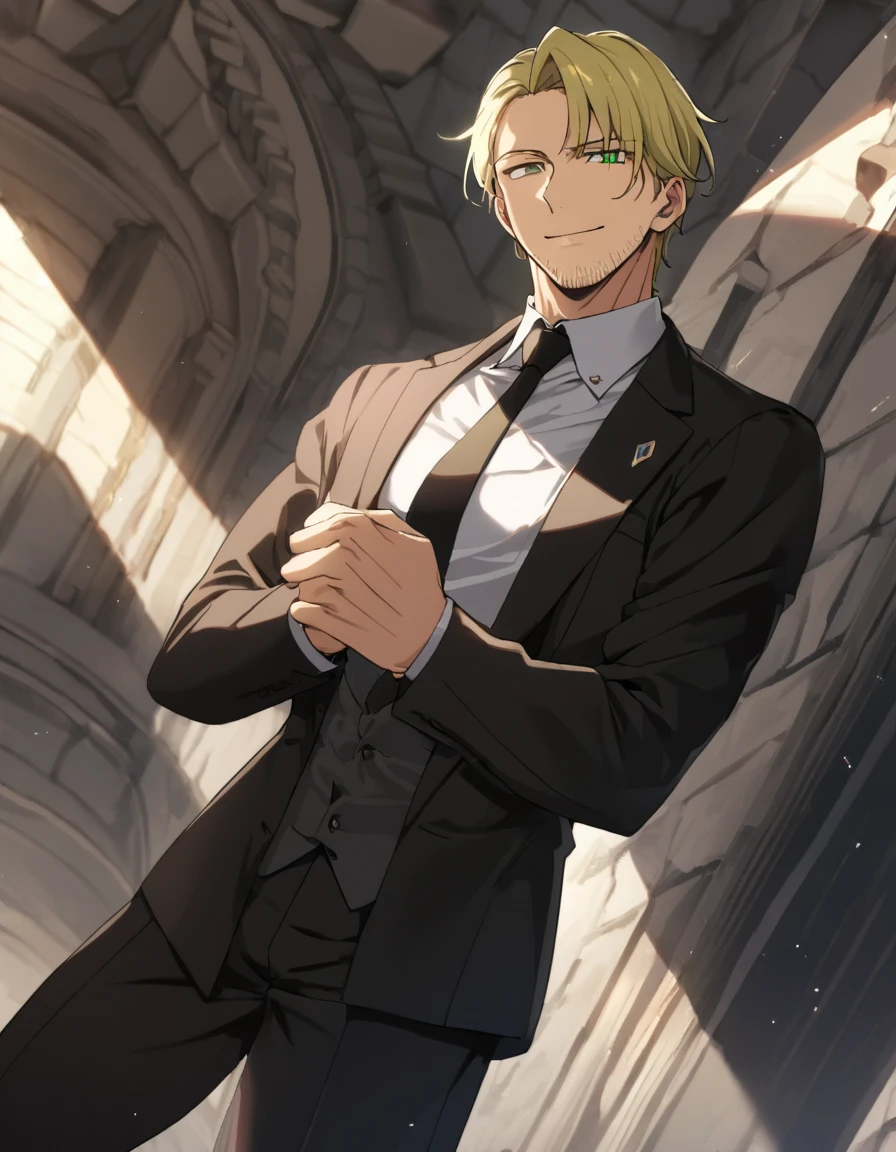 1man, veteran spy agent, handsome mature, business hair with asymmetrical bangs, narrow stubble, green platina blond hair, emerald eyes, 45yo, caucasian, ordinary, pentagon shaped, BREAK ideal ratio body proportions, middle weight muscular, beautiful detailed eyes, dark iris, BREAK solo, businessman in black suit, black necktie, white shirt, softly smile, funeral clothing, at wall street, detailed background, BREAK upperlegs, dandy posing, dramatic expression, 2000s, visual novel, in newest eroge style, dutch angle, cinematic shadows, cinematic lighting, lens flare, light leaks, texture, absurdres absolutely resolution, extreme all detailed, masterpiece, best quality
