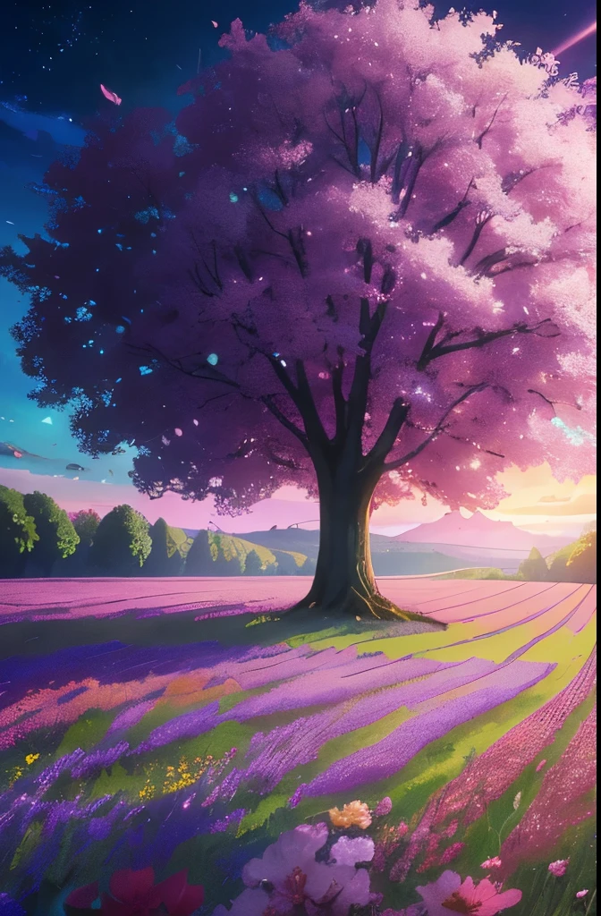 a purple tree in a field with flowers and trees, beautiful!!! digital art, anime beautiful peace scene, anime nature wallpap, magical colors and atmosphere, 🌺 cgsociety, magical colours and atmosphere, very beautiful digital art, anime nature, beautiful anime scene, beautiful gorgeous digital art, beautiful color art!, beautiful vibrant colors, dreamy colors, very magical and dreamy