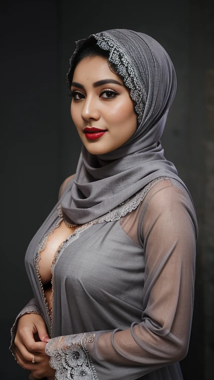 Tirkish 24 year old woman, lace hijab,, good shape of medium breasts, grey background. symmetric, wearing kebaya, no hair exposed, pashmina, 4k, 85mm lens, facing front, red lips