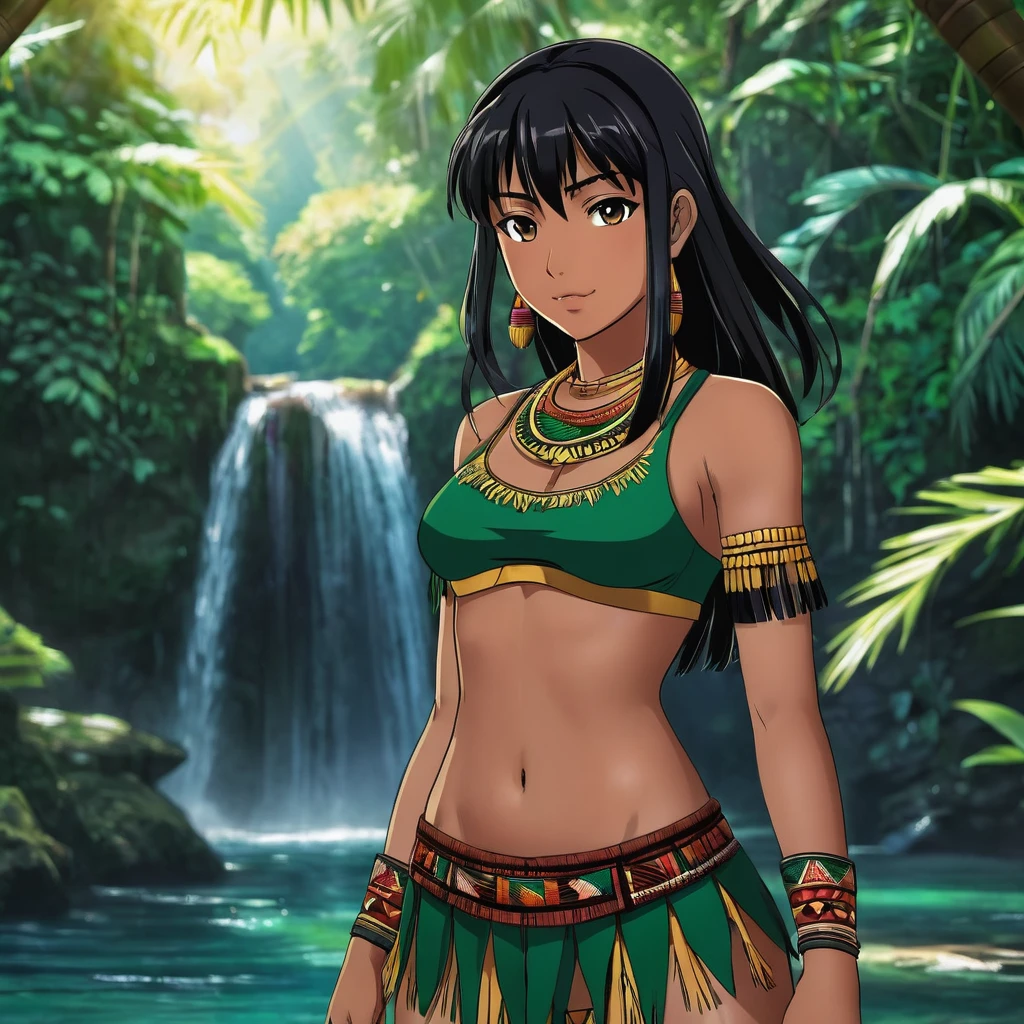 20 years old tribal girl, dark skin, short black hair adorned with multiple colors feathers , black eyes, soft smile, closed mouth,tribal outfit,bracelets and necklace showing connection with nature, tribal tattoos,  in rain forest brazil, portrait. 