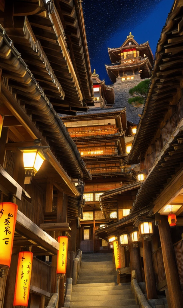 High resolution, Japanese-style streetscape, steep cliff, wooden scaffolding on which Japanese-style buildings are built into the rock face, Japanese-style buildings embedded into the side of the cliff, smoke rising from the pioneering chimney, gorgeous, huge Japanese-style building, a building with a shoji screen-like structure below and a tiled roof above it, Chinatown above that, and even more magnificent castle tower above that, fantasy, real, lanterns, lights coming from the shoji screens, a vibrant ancient city, Japanese-style, many overlapping tiled roofs, unstable Japanese-style architecture, a city with a thriving textile industry and casting and forging industry, commerce, festival, lively, night