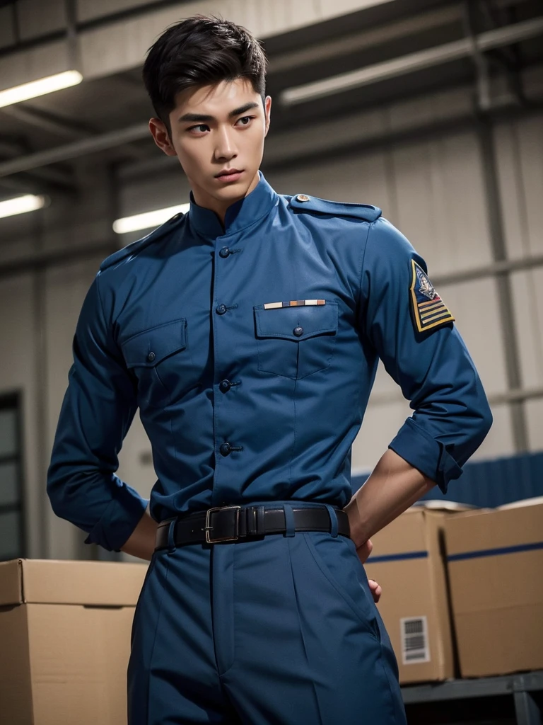 1 Handsome chinese slim guy, 20 years old, Hair combed smoothly, handsome blue soldier,Wearing a blue camouflage shirt,wearing blue military uniform, rugged blue soldier, Wear blue camouflage clothing, majestic,Who is Shi Yu?, Li Yuanbin, Kim Hyung Tae, Kim Hyung Tae, Yin Shishan, Handsome Chinese muscular guy,Broad shoulders and narrow waist,A handsome man wearing a blue camouflage military uniform and a belt,Form-fitting fabric contours the bust,in a remote warehouse,hands tied behind back,Hands tied behind the back,hands tied behind back,Masculine and sexy,High,Muscles look good,hairy body,Wheat complexion,black eyes(thin eyes 1:3),whole body image