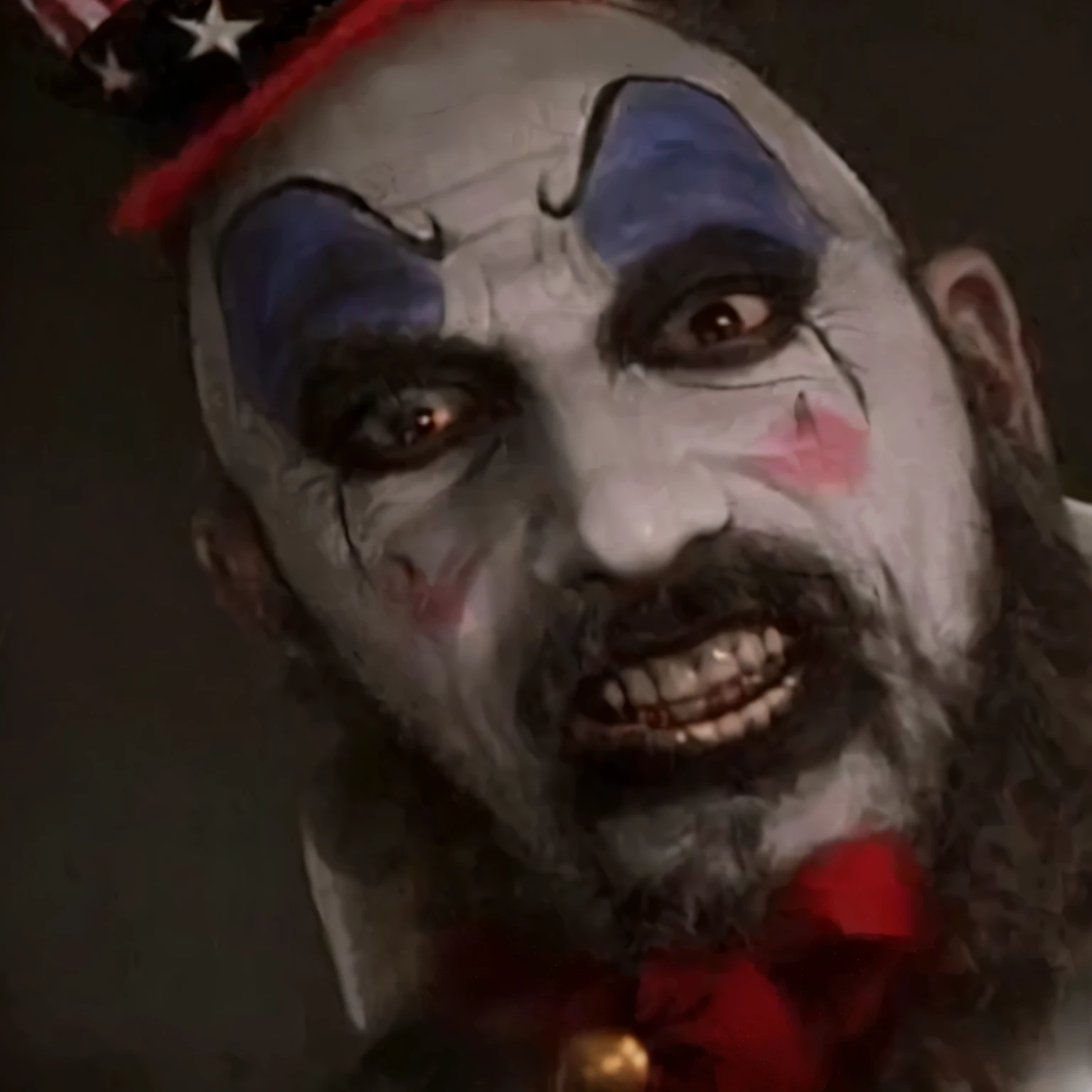 Arabian man with clown makeup and top hat, The scariest looking man alive, Scary Clown, Ominous appearance, Dead clown, inspired by James Bolivar Manson, Salem's Revenge, Murder Carnival Freak, From horror films, screenshot from the 1983 film, The clown is far away from the camera, Horror movie stills, Accurate clown makeup applied