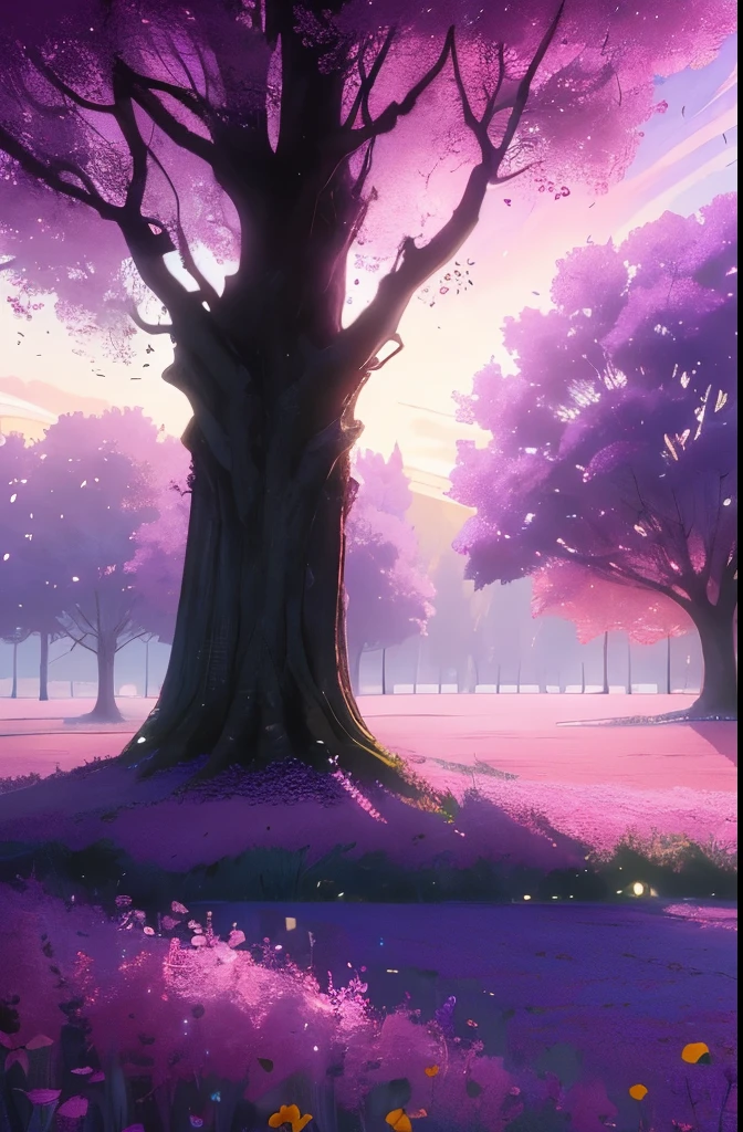a purple tree in a field with flowers and trees, a digital painting by Mike "Beeple" Winkelmann, trending on cgsociety, conceptual art, beautiful!!! digital art, anime beautiful peace scene, anime nature wallpap, magical colors and atmosphere, 🌺 cgsociety, magical colours and atmosphere, very beautiful digital art, anime nature, beautiful anime scene