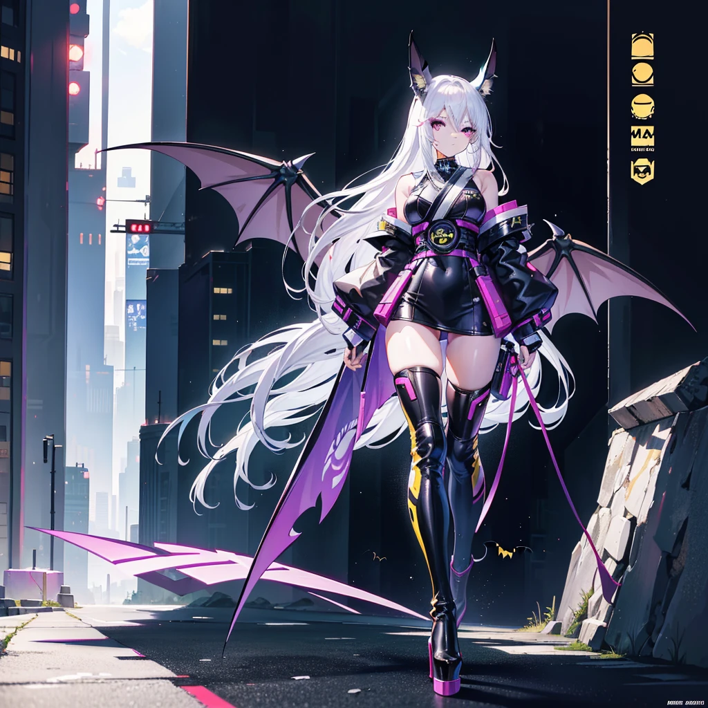 (masterpiece, Highest quality), (Perfect athletic body:1.2), (Fine hair), Very detailed, Anime Style, whole body, alone, Cyberpunk Batgirl, In Cyber Kimono, Big Wings, bat ears, White hair and brown skin, high boots, Standing in the Wilderness, High heel boots, 8K high resolution, White Background, whole body,