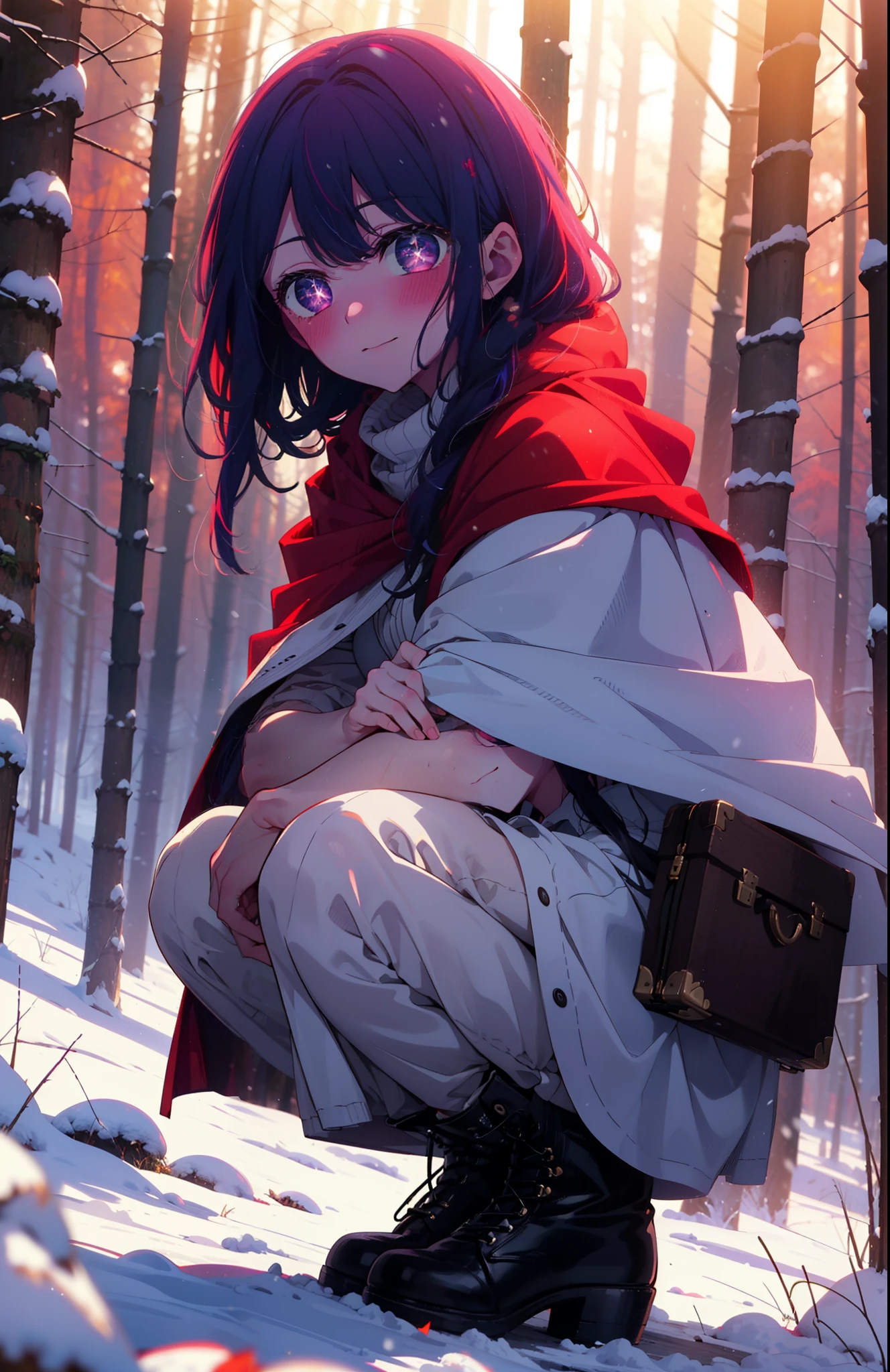 aihoshino, Ai Hoshino, Long Hair, bangs, (Purple eyes:1.1), Purple Hair, (Symbol-shaped pupil:1.5), smile,,smile,blush,white breath,
Open your mouth,snow,Ground bonfire, Outdoor, boots, snowing, From the side, wood, suitcase, Cape, Blurred, , forest, White handbag, nature, Squat, Mouth closed, Cape, winter, Written boundary depth, Black shoes, red Cape break looking at viewer, Upper Body, whole body, break Outdoor, forest, nature, break (masterpiece:1.2), Highest quality, High resolution, unity 8k wallpaper, (shape:0.8), (Beautiful and beautiful eyes:1.6), Highly detailed face, Perfect lighting, Highly detailed CG, (Perfect hands, Perfect Anatomy),