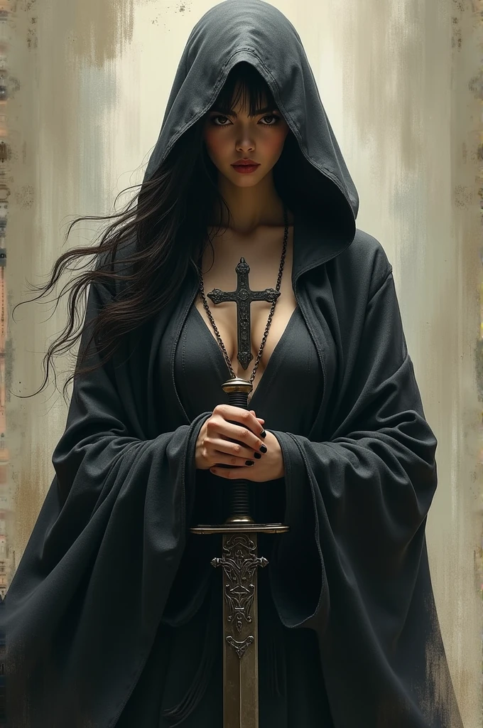 A hooded man、Female figure with a cross on her chest, Holding a long sword,artwork in the style of Gu Weiss, author:Yang J, Beautiful character painting, mysterious girl, Dark fantasy meets reality, Gu Weiss, author:Ni Zan, Inspired by Ai Xuan, author:Cold plum, author:Fan Qi, Li Song, Art cover
